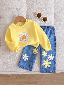 SHEIN 女嬰可愛秋冬休閒花卉圖案運動衫與長褲套裝 - 黃色 - 查看 3