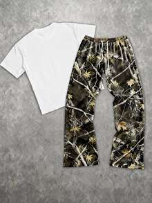 Manfinity ZONE917 Men's Cartoon Portrait Smiling Face Print Short Sleeve T-Shirt And Drawstring Waist Long Pants Set - White - View 4