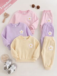 SHEIN 3件組可愛花卉拼接純色長袖秋冬女嬰衛衣 - 淡紫色 - 查看 1