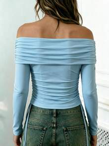 Rovax Women's Cold Shoulder Ruched Long Sleeve Top, Side Cinched Waist Exposed Shoulder Cropped Base Layer - Blue - View 2