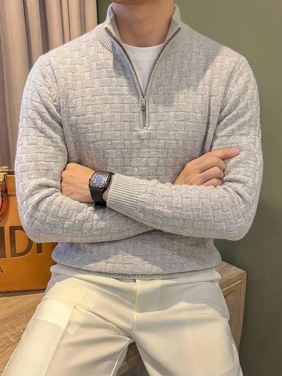 Formmaro 男士純色休閒百搭日常穿著長袖針織衫 - 淺灰色 - 查看 1