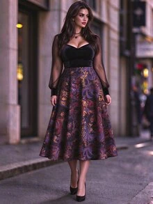 Linhara CURVE European & American Style Mesh & Velvet Patchwork Floral A-Line Midi Dress, Vintage Evening Party Cocktail Dress For Women, Plus Size - Black - View 7