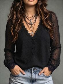 Linhara CURVE Women's Fashion V-Neck Lace Patchwork Puff Sleeve Single-Breasted Shirt, Suitable For Daily Commute, Date, Casual Gathering - Black - View 4