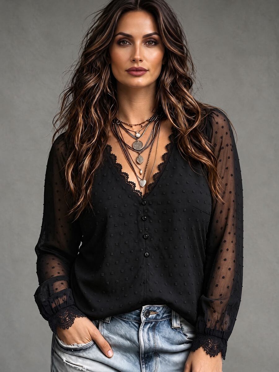 Linhara CURVE Women's Fashion V-Neck Lace Patchwork Puff Sleeve Single-Breasted Shirt, Suitable For Daily Commute, Date, Casual Gathering - Black - View 1