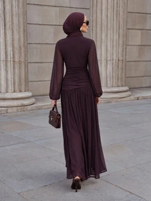 Veilorie Women's Solid Color Round Neck Lantern Sleeve Pleated Elegant Long Dress - Burgundy - View 2