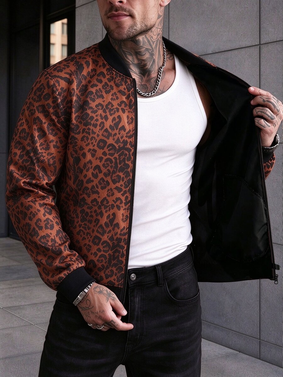 Manfinity Homme 男士豹紋拉鍊休閒百搭日常穿著長袖夾克 - 彩色 - 查看 1