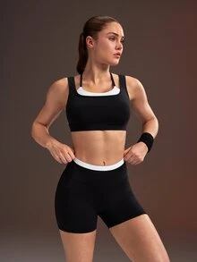 Powerista Women's Black & White Double Strap Sports Bra + Sports Shorts Set - Black and White - View 6
