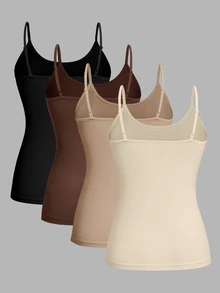 SHEIN EZwear 大尺碼女款棉質 4 件組修身休閒純色百搭層搭細肩帶背心上衣，適合春秋冬季 - 彩色 - 查看 2