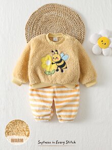 SHEIN 新生兒嬰兒禮品套裝 圓領套頭衛衣 抓絨內裡 長袖 黃色貼花天鵝圖案 黃色蝴蝶結針織柔軟套頭衛衣 鬆緊腰條紋黃色長褲 兒童2件套 可愛舒適 - 黃色 - 查看 9