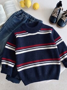 SHEIN Little Byeori 兒童小男孩秋冬休閒百搭日常通勤拼色條紋圓領套頭毛衣，適合通勤、上學、日常休閒、運動、旅行、街頭風，秋冬季節，聖誕節 - 黑色 - 查看 2