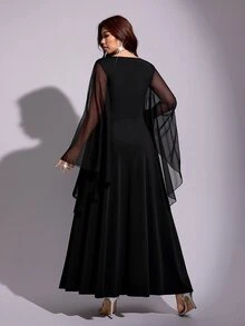 Viva Relle Plus Size Women's Autumn/Winter Black V-Neck Evening Gown, Mesh Flutter Sleeves, Side Lace Slit, Formal Party Dress - Black - View 2