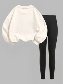 SHEIN 時尚百搭乳白色與黑色，極簡百搭 NYC 字母印花，女款休閒抓絨圓領套頭運動衫與內搭褲 2 件套，新風格適用於秋冬日常、外出、校園、運動、街頭風、隨性時髦、美式街頭女孩、甜酷休閒時尚 - 彩色 - 查看 4