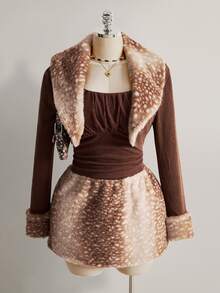 SHEIN ICON Plus Size Vintage Y2K Deer Pattern Brown Long Sleeve Fuzzy Patchwork Vest Christmas Winter - Brown - View 6