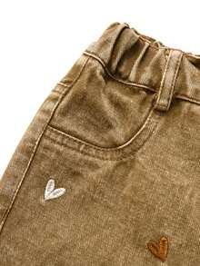 SHEIN Young Girl Fashionable Cute Street Style Heart Embroidery Loose Straight Leg Denim Jeans Autumn Winter - Khaki - View 4