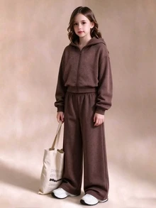 SHEIN 青少年女孩雪花洗水抓絨2件套，棕色保暖內裡拉鍊連帽外套與寬腿長褲套裝，適合秋冬日常上學休閒穿著 - 摩卡棕 - 查看 6