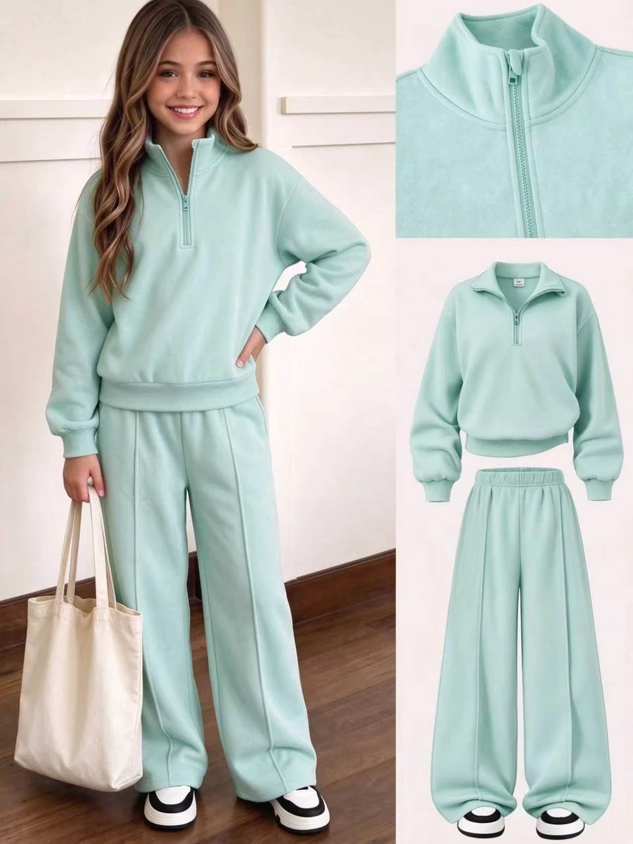 SHEIN Tween Girls Fall Winter Fleece Half Zip Sweatshirt And Pants Set, Mint Green Solid Long Sleeve Pullover Tracksuit Sports Wear Casual School Outfits - Mint Green - View 1