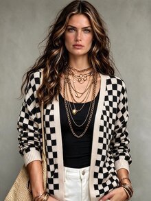 Linhara CURVE كارديجان محبوك كاجوال للنساء بمقاسات كبيرة بنمط رقعة الشطرنج وأكمام طويلة وأكتاف منسدلة - متعدد الألوان - مشاهدة 4