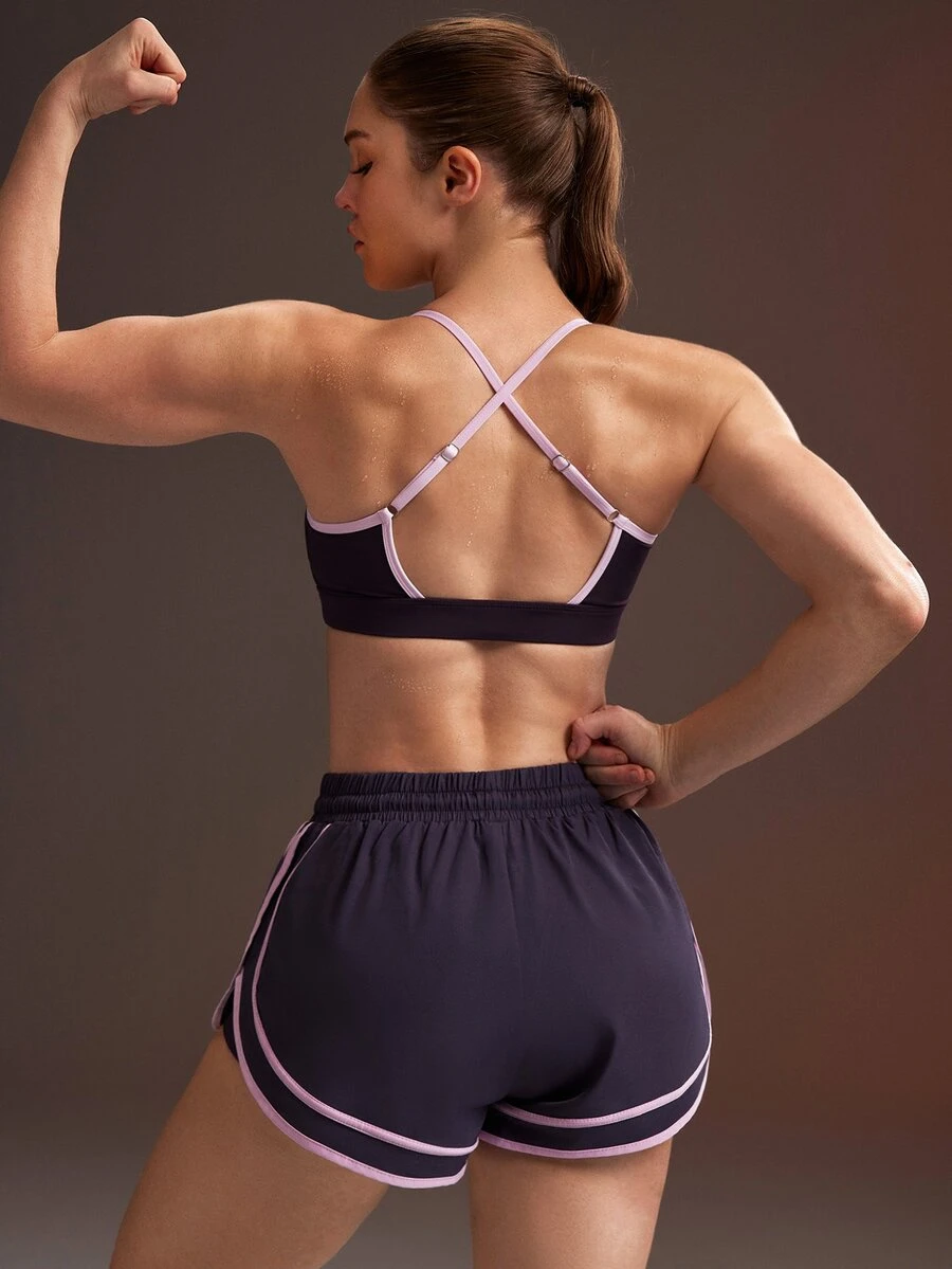 Powerista Women's Letter Print Colorblock Camisole Top And Shorts Sports Set - Bold Plum - View 1