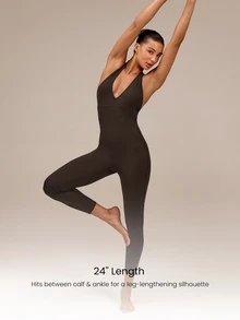 GLOWMODE 24" ButterFit Rep The Glow Adjustable Halter Jumpsuit With Open Back Design & Removable Cups Yoga Pilates Studio Summer Wear - Chocolate Brown - View 2