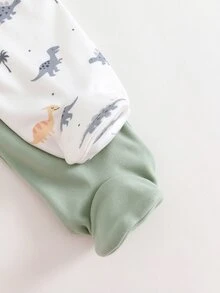 Cozy Pixies 新生兒男嬰/女嬰 2件套卡通恐龍針織連身衣，可愛圖案居家睡衣，柔軟竹纖維拉鍊式中性服飾 - 薄荷綠 - 查看 7