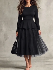 Velvienne Plus Size Women Elegant Commute Daily Birthday Party Mesh Long Sleeve Black Dress - Black - View 4