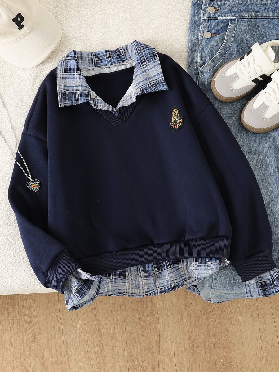 SHEIN 女童秋冬返校季 8-14歲 皇家藍休閒街頭風拼接襯衫領假兩件式長袖衛衣上衣,舒適柔軟極簡,適合春夏秋冬外出穿著,可作為禮物 - 藍色 - 查看 1