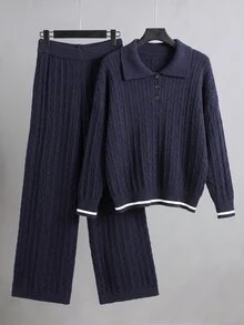 GlowEve CURVE Plus Size Women's Colorblock Long Sleeve Top And Pants Casual Everyday Knit Set - Blue - View 1