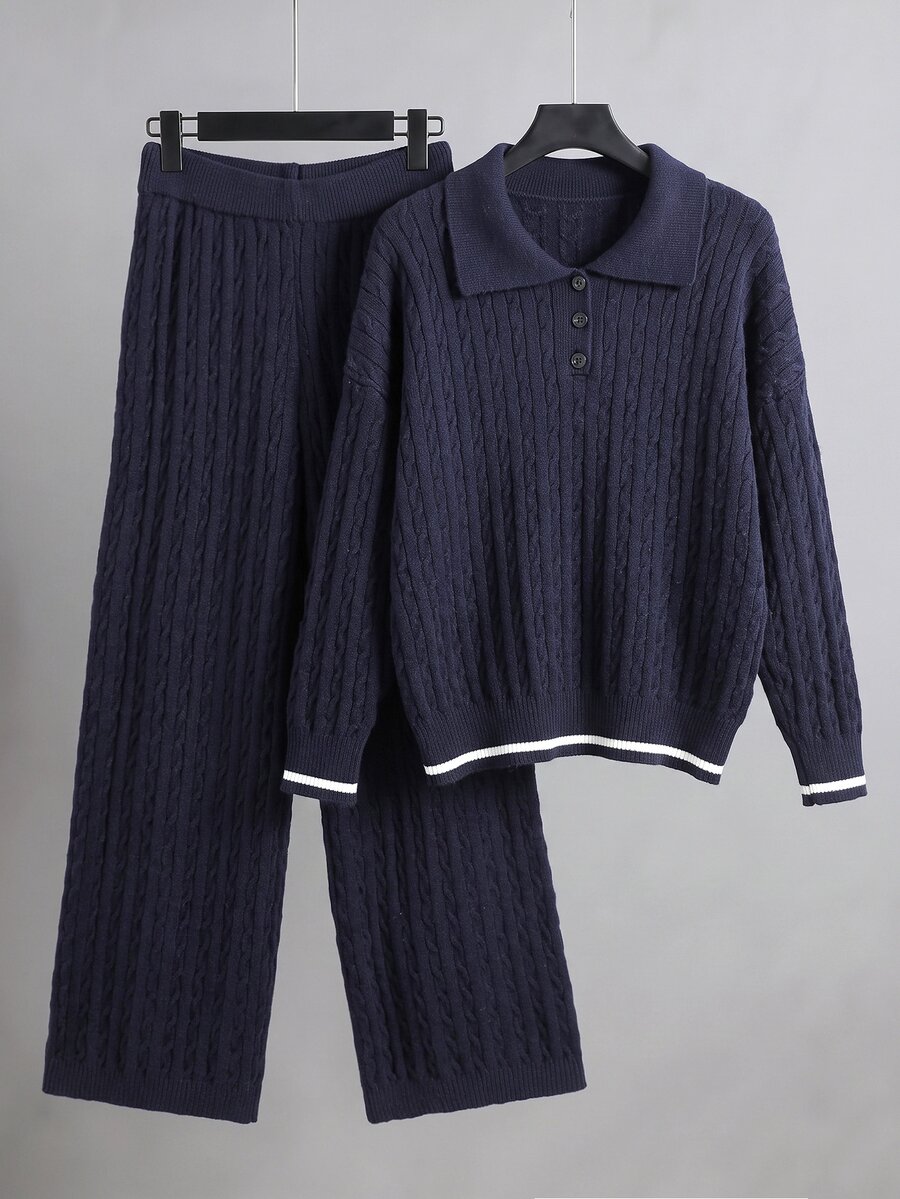 GlowEve CURVE Plus Size Women's Colorblock Long Sleeve Top And Pants Casual Everyday Knit Set - Blue - View 1
