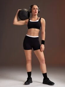Powerista Women's Black & White Double Strap Sports Bra + Sports Shorts Set - Black and White - View 7