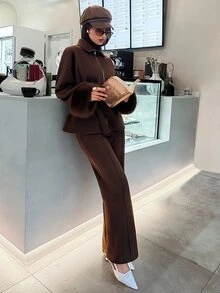 Solavon New Design Fluffy Cuff Waist-Tie Loose Fit Casual Versatile Elegant Warm 2 Pieces Set - Brown - View 3