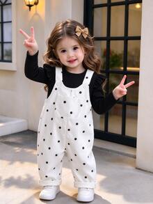 SHEIN Vintaside Kids 2件組 幼兒女嬰 白色黑波點印花 羅紋針織長袖圓領荷葉邊口袋連身褲 假日生日日常穿搭 - 黑與白 - 查看 7