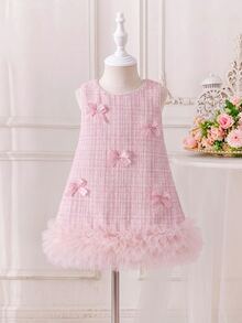 SHEIN Flower Girl Elegant 3D Bow Decor Sleeveless Dress, Suitable For Wedding, Party, Birthday, Holiday, Photo Shooting, Summer Autumn Fall - Pink - View 7
