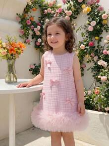 SHEIN Flower Girl Elegant 3D Bow Decor Sleeveless Dress, Suitable For Wedding, Party, Birthday, Holiday, Photo Shooting, Summer Autumn Fall - Pink - View 3