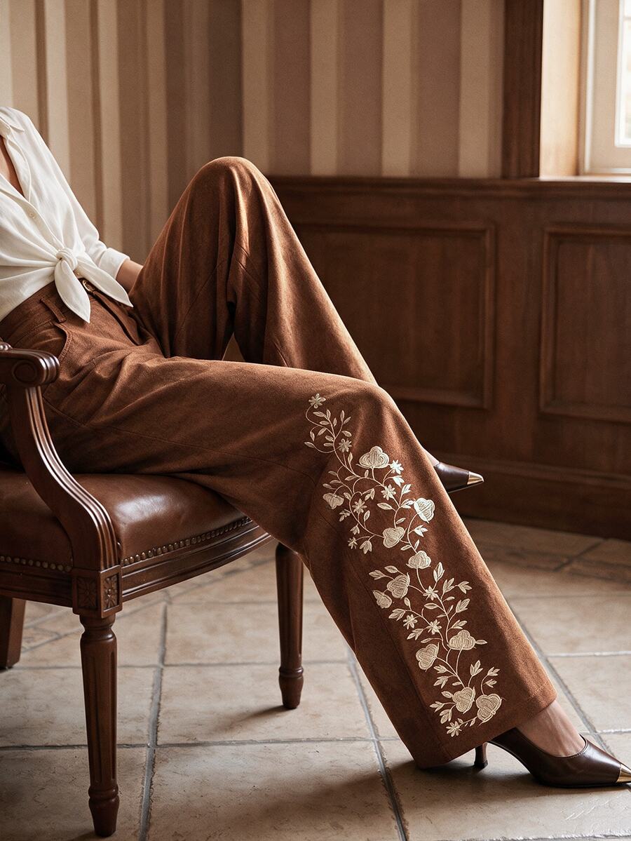 Anewsta Women's Elegant Romantic Suede Floral Embroidered Pants, Suitable For Daily Wear, Party, Date, Holiday, Commute, And Other Occasions - Brown - View 1