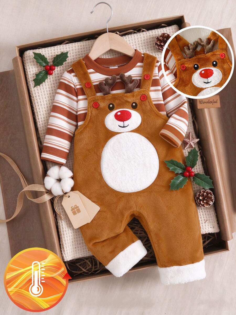 SHEIN Playful Pals 幼兒男嬰馴鹿連身褲吊帶褲,棕色、白色、鐵鏽紅條紋,毛絨絨抓毛羊羔絨,長袖圓領毛邊,適合節日與日常穿著 - 棕色 - 查看 1