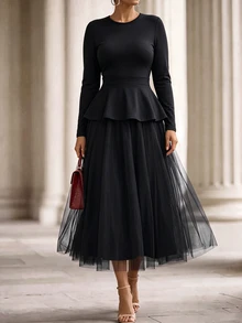 Velvienne Plus Size Women Elegant Commute Daily Birthday Party Mesh Long Sleeve Black Dress - Black - View 1