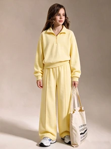 SHEIN 青少年女孩秋冬抓絨半拉鍊運動衫與長褲套裝，黃色純色長袖套頭運動服，休閒校園穿搭 - 黃色 - 查看 3