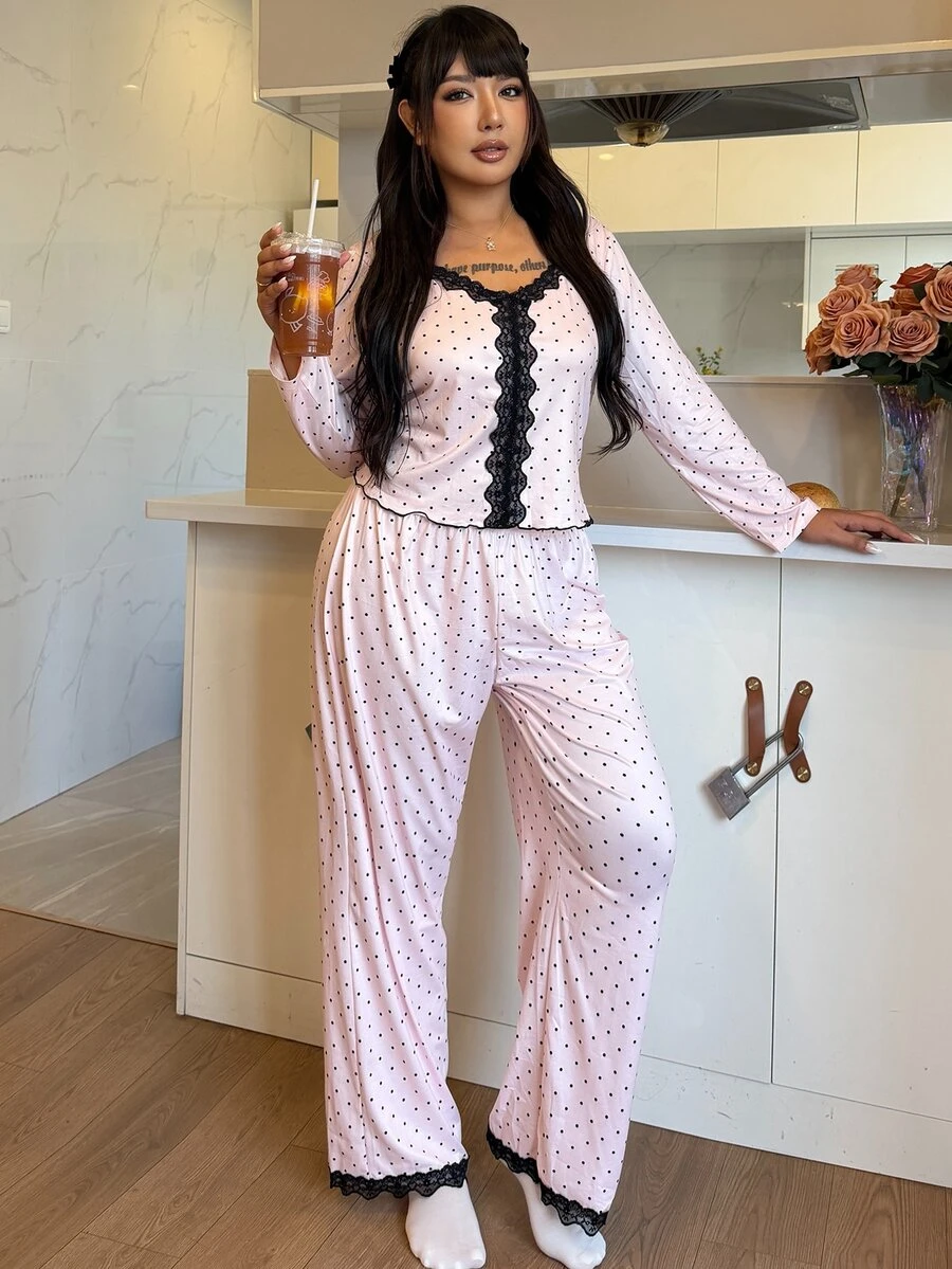 ZzzCrew Plus Size Women Casual Knitted Polka Dot Print Ruffle Lace Loungewear Pajama Set - Pink - View 1