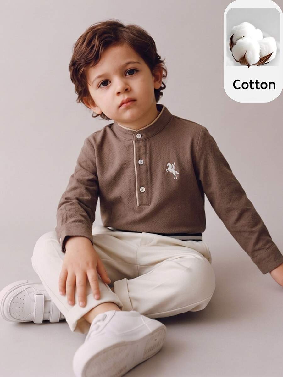 PrepCrw Young Boy Knight Print Kids Button Half-Placket Shirt And Pants Set - Brown - View 1