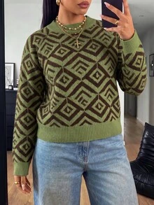 POPSWAY Plus Size Women's All-Over Print Casual Versatile Daily Wear Long Sleeve Sweater - Green - View 6