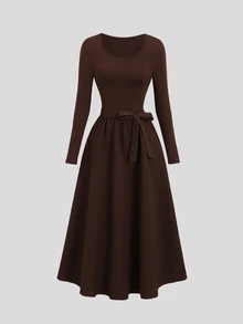 Sweetra Women's Solid Color Pleated Elegant Waist-Cinching Party Dress - Coffee - View 7
