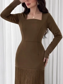 Feyla Women's Solid Color Tassel Design Casual Party Summer Mid-Length Dress - Brown - View 5