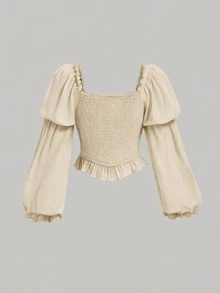 SHEIN Girlism 青少年女孩休閒百搭方領露肩百褶泡泡袖短版上衣，春夏新品 - 卡其色 - 查看 2