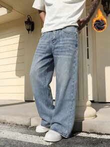 QuarKem Men's Light Blue Horizontal Cat Whisker Wide Leg Jeans, Street Style Mid-Waist Full Length Pants - Blue - View 1