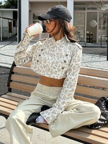 Muchica Women's Grey Leopard Print Cropped Napoleon Military Jacket, Stand Collar Zip Up, Button Detail Long Sleeve Y2K Streetwear For Fall Winter Going Out - Multicolor - View 3