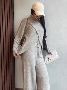 Solavon Women's Solid Color Stand Collar Long Sleeve Top And Pants Knit 2 Pieces Set - Grey - View 1