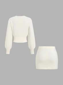Autumina Women's Solid Color Crew Neck Long Sleeve Sweater And Knitted Skirt Casual Set - White - View 2