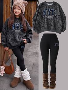 SHEIN Girls Korean Style Energetic Brown Sweatshirt & Ribbon Bow Fitted Long Pants 2pcs Set, Casual Long Sleeve Outfit For Spring Autumn Winter, Thermal Lined Thickened - Grey - View 1