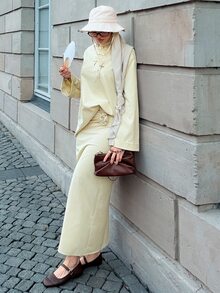 Solavon Women's Solid Color Long Sleeve Top And Skirt Casual 2 Pieces Set - Yellow - View 5