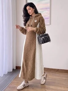 Solavon New Hooded Fleece Sweatshirt Dress With Waist Cinching Slimming A-Line Casual Everyday Versatile Style - Khaki - View 1